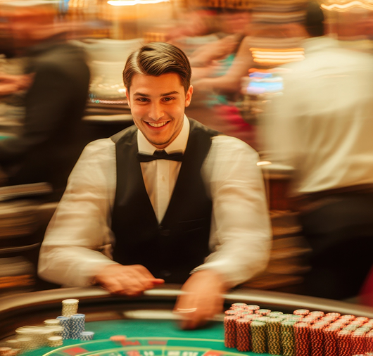 Professional casino dealer at gaming table
